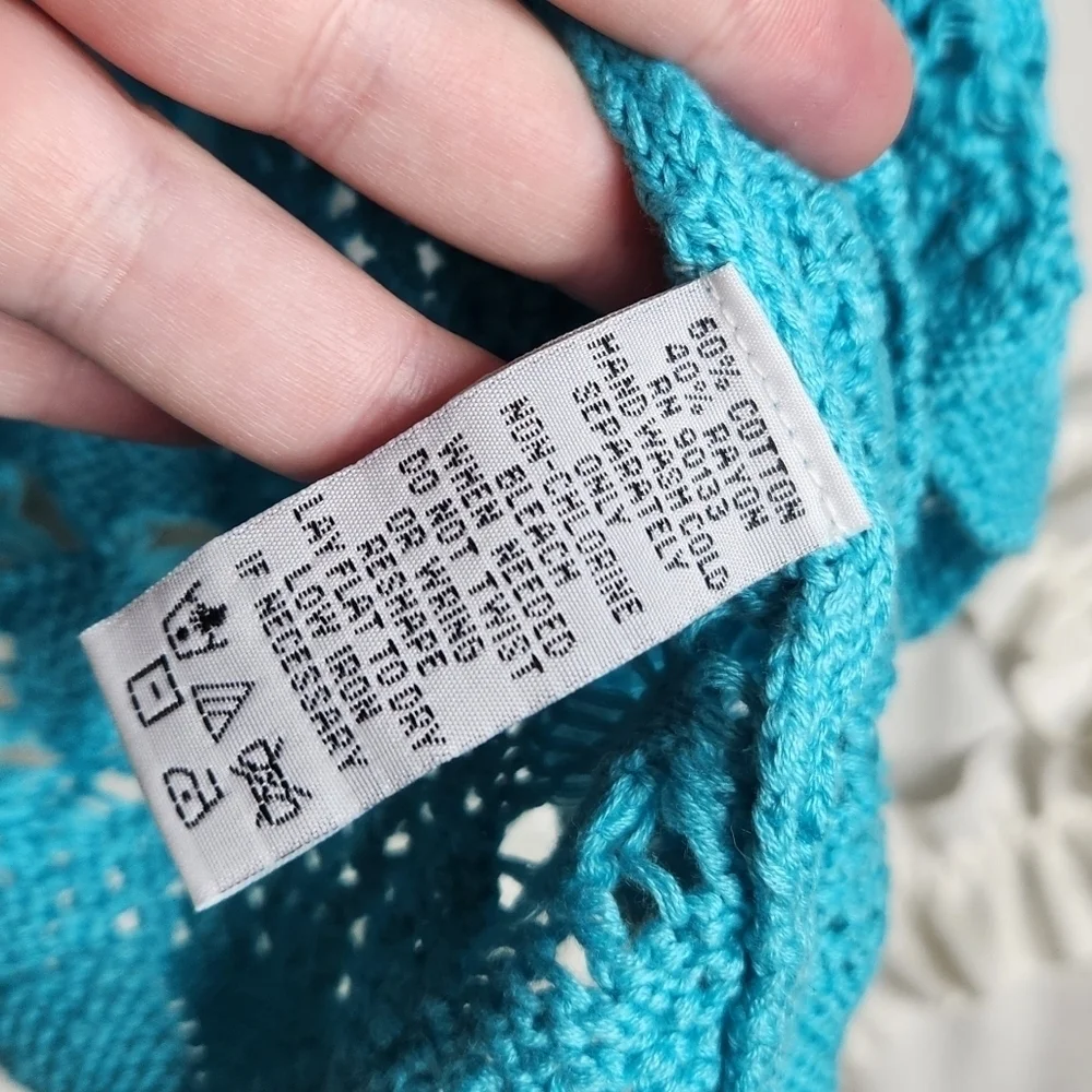 New JOAN RIVERS Aqua Blue Long Cardigan Size L Knitted Heart Long Sleeves